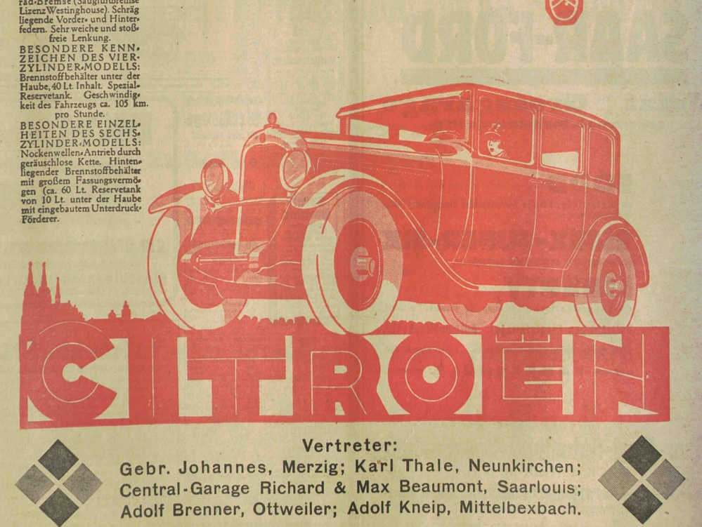 Werbeanzeige der Citroen-Garage in der Saarbrücker Zeitung aus dem Jahr 1923 (Foto: Stadtarchiv Saarbrücken) Image