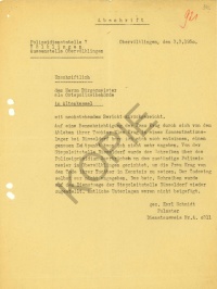 Erinnerungsvermerk vom 3. März 1950 des Polizeimeisters Karl Schmidt, der seinerzeit die Mutter über den Tod ihrer Tochter unterrichtete.
