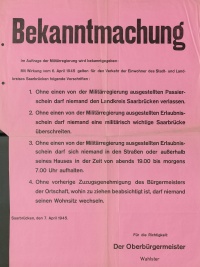 Bekanntmachung über die Beschränkung von Ortswechseln und Aufenthalten der Einwohner des Stadt- und Landkreises Saarbrücken.