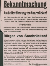 Bekanntmachung, dass das Saargebiet ab dem 10. Juli 1945 der französischen Militärregierung unterstellt wird.