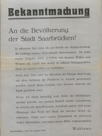 Bekanntmachung von Heinrich Wahlster, dass er zum 15. August 1945 auf das Amt des Oberbürgermeisters verzichtet.