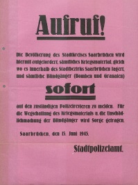 Aufruf vom 15. Juni 1945 durch das Stadtpolizeiamt, Kriegsmaterialien und Blindgänger zur Beseitigung zu melden.