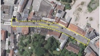 Luftbild des Umgestaltungsbereichs der Fußgängerzone Dudweiler Luftbild von Dudweiler des Bereichs der Saarbrücker Straße zwischen Rathausstraße und Einmündung zu Marktplatz und Trierer Straße mit der Aufschrift Neugestaltungsbereich