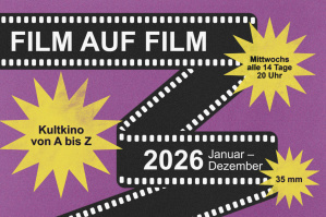 Design zur Reihe „Film auf Film“; lila Design mit schwarzem Filmstreifen übers Bild gezogen. Design zur Reihe „Film auf Film“; lila Design mit schwarzem Filmstreifen übers Bild gezogen.