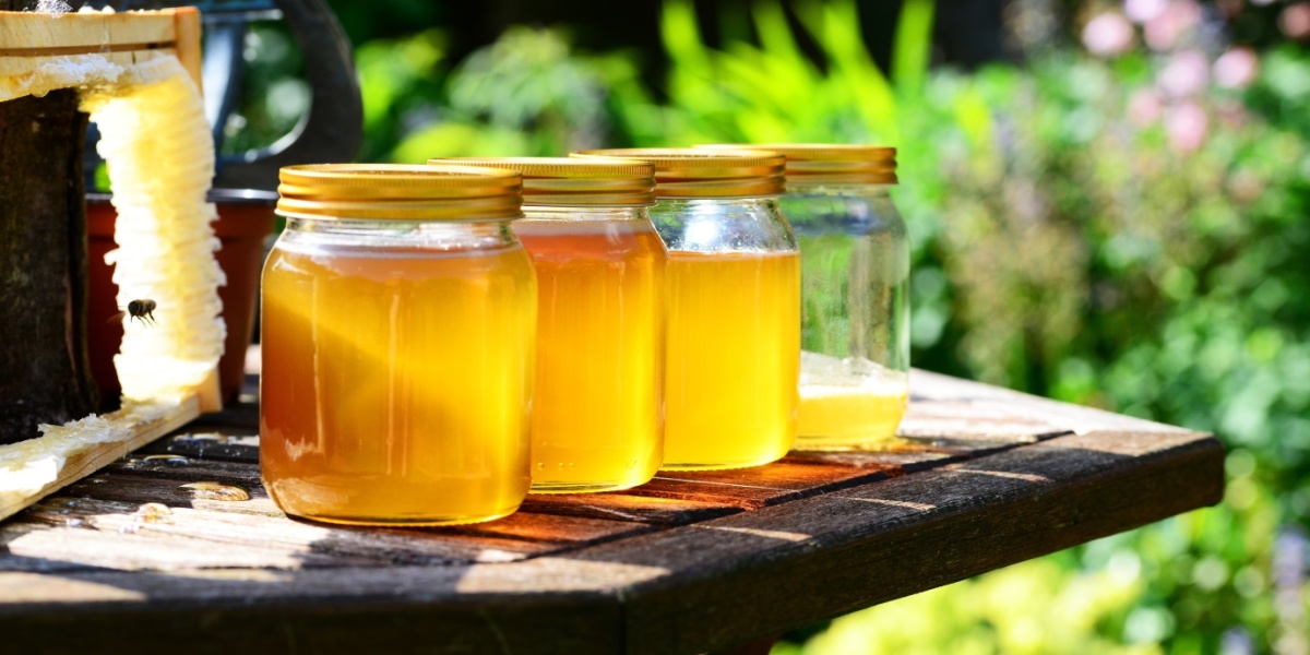 Honig im Glas Honig im Glas vor einer Bienenwabe
