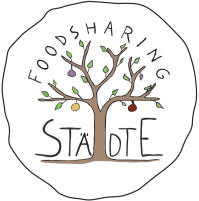 Logo des bundesweiten Netzwerks foodsharing Städte mit einem stilisierten Baumstamm, verschiedenen Obstsorten und weißem Hintergrund